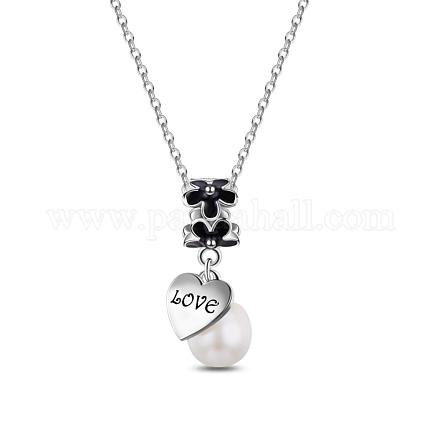TINYSAND Enamel Daisy Buckle with Heart Named Love Platinum Plated Sterling Silver Pendant Necklaces TS-CN-017-1