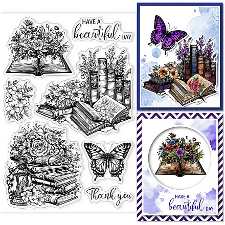 GLOBLELAND Vintage Books Clear Stamps Retro Books Butterfly Flowers Decorative Clear Stamps Silicone Stamps for Card Making and Photo Album Decor Decoration and DIY Scrapbooking DIY-WH0448-0299-1