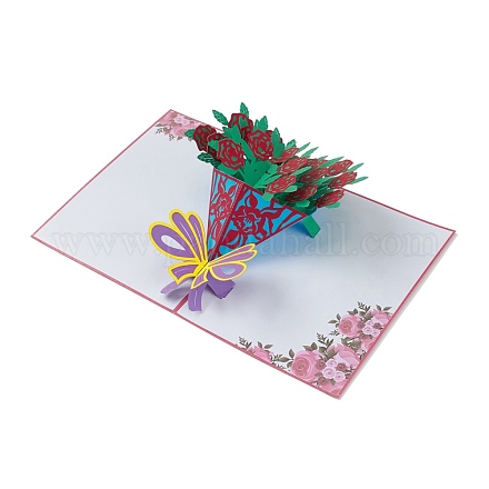 Rectángulo 3d ramo de rosas pop up tarjeta de felicitación de papel AJEW-A008-03-1