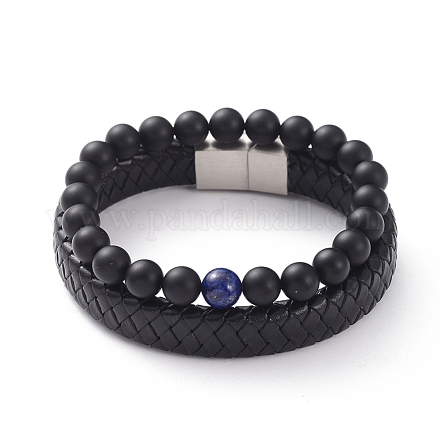 Unisex Stretch Bracelets & Leather Cord Bracelets Sets BJEW-JB04895-01-1
