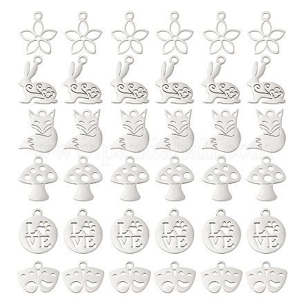 DICOSMETIC 36Pcs 6 Style Stainless Steel Charms Drama Mask/Flat Round/Fox/Easter Bunny/Mushroom/Flower Charms Pendant for Earrings Necklace Jewelry Making STAS-DC0006-30-1