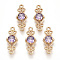 Golden Tone Brass Links Connectors, with Glass, Rhombus, Violet, 16x6.5x3.5mm, Hole: 1mm