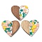 Resin and Walnut Pendants, Heart, Gold, 37x38.5x2.5mm, Hole: 2mm