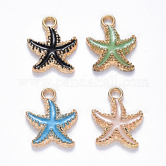 Colgantes de esmalte de aleación, estrella de mar, la luz de oro, color mezclado, 18x15x3mm, agujero: 2.5 mm