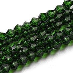 Fili di perline do vetro trasparente, sfaccettato, bicono, verde scuro, 4x4mm, Foro: 0.8~1 mm, circa 75~78pcs/filo, 28~29cm