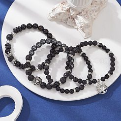 4 Stück 4-teiliges Stretch-Armband-Set mit Perlen aus natürlichem schwarzen Onyx und Lavagestein&nbsp;BJEW-JB09672