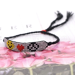 Bracciale da donna a fascia larga con semi di vetro con cuore e viso sorridente&nbsp;BJEW-P269-10