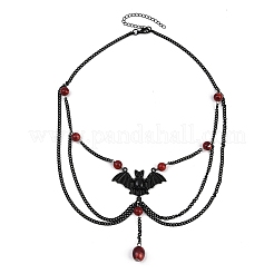 Halsketten mit Halloween-Fledermaus-Anhänger aus Eisen und rundem Harz&nbsp;NJEW-A055-01A-EB