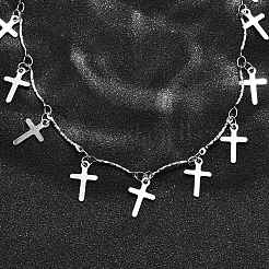Collar con borla y dije de cruz de barra de eslabones texturizados de acero inoxidable 304&nbsp;NJEW-R023-01P