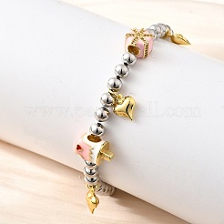 Braccialetti con ciondoli in ottone e smalto con perline rotonde per donna&nbsp;BJEW-D317-11E-PG