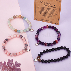 4 Stück 4 Stile natürliche gemischte Edelsteine runde Perlen Stretch-Armbänder Set mit Herzanhängern aus Legierung&nbsp;BJEW-AN0001-72