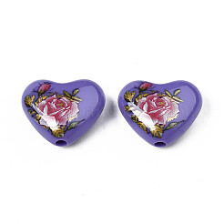 Perles cardiaques acryliques opaques de fleurs imprimés&nbsp;SACR-S305-28-M04