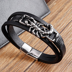 Pulseras multihilo de piel sintética negra y acero inoxidable 316L con diseño de ciempiés y cierres magnéticos para hombre.&nbsp;WG416ED-01