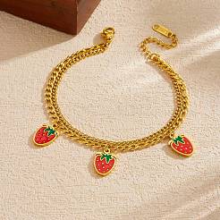 Pulseras de una sola hebra de acero inoxidable 304 con dije de fresa roja esmaltada para mujer&nbsp;WG018B1-01