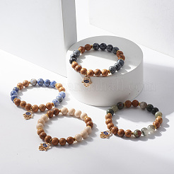 Bracelet extensible perlé en bois de wengé naturel et pierres précieuses avec main hamsa avec charme mauvais œil&nbsp;BJEW-JB07819