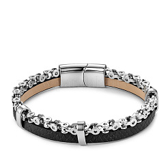 Bracciale da uomo a un filo in pelle intrecciata nera e acciaio inossidabile 316L con chiusura magnetica.&nbsp;WGA2BB7-02