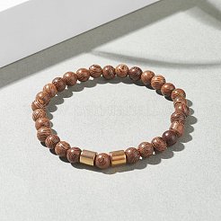 Bracciale elasticizzato in legno di wengé naturale con perline tonde ed ematite sintetica per uomo donna&nbsp;BJEW-JB07549-03