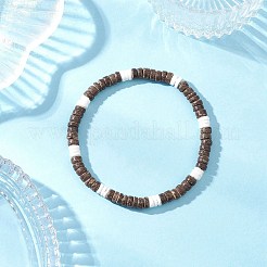 2 bracelet extensible en perles rondes plates en noix de coco naturelle et coquillage blanc&nbsp;BJEW-JB12460