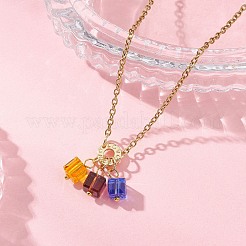 Collier pour femme avec pendentif en verre facetté cubique et chaîne en acier inoxydable 304.&nbsp;NJEW-JN05711-01