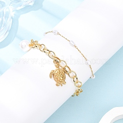 2 pièce 2 styles 304 bracelets à breloques en acier inoxydable tortue de mer et perles de coquillage rondes et 316 bracelets à maillons en acier inoxydable chirurgical imitation perles en plastique pour femmes&nbsp;BJEW-JB12422