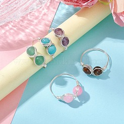 5 Stück natürliches Tigerauge & gefärbte gelbe Jade & Amethyst & grüner Aventurin & synthetischer Türkis Unendlichkeits-Fingerringe für Damen&nbsp;RJEW-JR00832-01