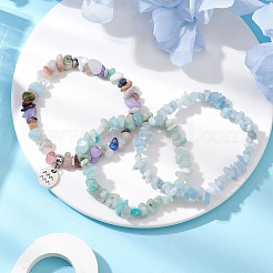 3 stücke 3 arten natürliche aquamarin & blume amazonit chips stretch armbänder sets&nbsp;BJEW-JB11076-01