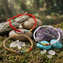 3 bracelet tressé ajustable en perles rondes de pierres naturelles et synthétiques mélangées&nbsp;ZZ4943-8