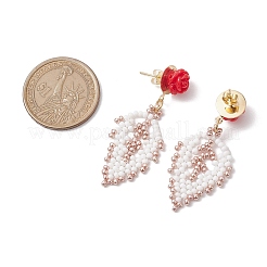 Boucles d'oreilles roses avec perles de rocaille en forme de feuille&nbsp;EJEW-MZ00222