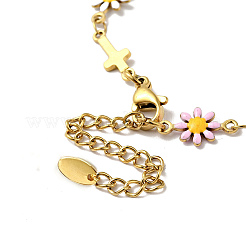 Bracciale con catena a maglie incrociate e fiore smaltato con placcatura ionica (ip)&nbsp;BJEW-C023-01G-01