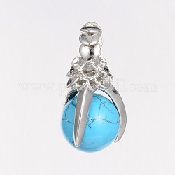 Synthetic Turquoise Pendants, with Brass Findings, Cadmium Free & Lead Free, Claw & Round, Platinum, 35x18mm, Hole: 5mm