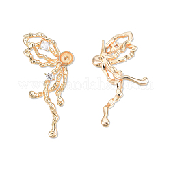 Brass Stud Earring Findings, for Half Drilled Beads, with Clear Cubic Zirconia, Cadmium Free & Nickel Free & Lead Free, Butterfly, Real 18K Gold Plated, 40x19mm, Pin: 0.7mm and 1mm(for half drilled bead)