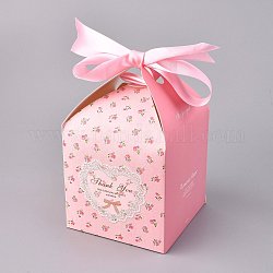 Scatola di imballaggio per caramelle a forma di rettangolo, confezione regalo per festa di nozze, con nastro, scatole, modello di fiore, roso, 12x12x14.6 cm, aprire: 20x24x0.1 cm, nastro: 72.6x3.9 cm