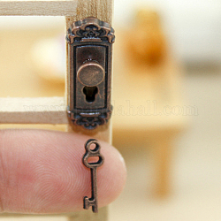 Serratura e chiave della porta in lega in miniatura, per gli accessori della casa delle bambole che fingono decorazioni di scena, rame rosso, 13.5~23.8x4.3~8.5mm, 2 pc / set