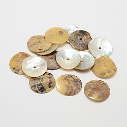 Perle di conchiglia akoya naturali rotonde piatte, perle di madreperla, cammello, 20x1~2mm, Foro: 1.5 mm, circa 1440pcs/scatola