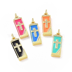Brass Micro Pave Cubic Zirconia Enamel Pendants, Rectangle with Religion Cross Pattern Charm, Golden, Mixed Color, 34.5x12x5mm, Hole: 2x4mm