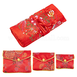 AHANDMAKER 4 Pcs Jewelry Silk Purse Pouchs and Roll Set, 4 Styles Vintage Embroidered Flower Jewelry Brocade Organizer Roll Wrap with Snap Button and Zipper Small Gift Bag for Travel Storage Jewelry