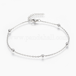 304 Stainless Steel Anklets, with Lobster Claw Clasps, Round Beads and Cable Chains, Stainless Steel Color, 9 inch(230mm)