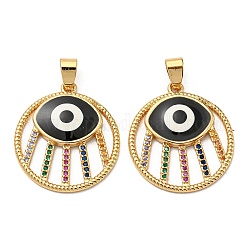 Real 18K Gold Plated Brass Pendants, with Cubic Zirconia and Enamel, Flat Round with Evil Eye Charms, Black, 26x23.5x3mm, Hole: 6x4mm