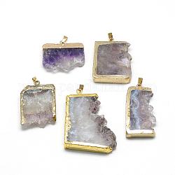 Natural Druzy Amethyst Pendants, with Brass Findings, Mixed Shapes, Golden, 35~55x20~40x7~10mm, Hole: 2.5x6mm