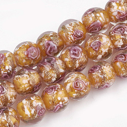 Perles vernissées de sable d'or manuelles , fleur intérieure, ronde, orange foncé, 12~12.5x10.5~12mm, Trou: 1.5~2mm