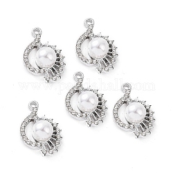 Alloy Rhinestone Pendants, with ABS Plastic Imitation Pearl Beads, Flower Charm, Platinum, 25x15.5x9mm, Hole: 2mm
