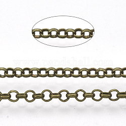 Cadenas rolo de hierro revestido de latón soldado, cadena belcher, con carrete, Bronce antiguo, 2.5x0.7mm, aproximadamente 328.08 pie (100 m) / rollo