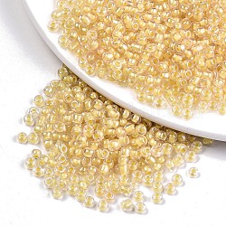 (Repacking Service Available) 8/0 Glass Seed Beads, Transparent Inside Colours Luster, Round Hole, Round, Gold, 8/0, 3~4x2~3mm, Hole: 0.8mm, about 400pcs/bag
