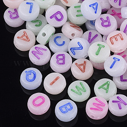 Luminous Acrylic Beads, Horizontal Hole, Random Mixed Letters, Flat Round with Letter, Mixed Color, 7x3.5~4mm, Hole: 1.2mm, about 3700pcs/500g