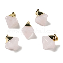 Pendentifs de quartz rose naturel, avec les accessoires en laiton de tonalité d'or, losange, 24~26x21~23x16~17mm, Trou: 4.5x8mm