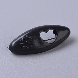 Plastic Ribbon Safety Brooches,  Oval with Heart, Black, 37.3~37.5x15~15.2x9~10mm, 8pcs/set
