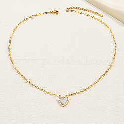 Natural Shell Heart Pendant Necklaces with Golden Stainless Steel Paperclip Chains, Snow, 18.11 inch(46cm)