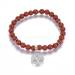 Bracelets en jaspe rouge naturel avec breloque, avec les accessoires en laiton, plat et circulaire avec arbre de vie, 2-1/8 pouce (5.5 cm) ~ 2-1/4 pouces (5.6 cm), perles: 6~6.5 mm, pendentif: 18x15~15.5x2 mm