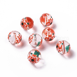 Прозрачные стеклянные бусины, с эмалью, круглые, красные, цветочным узором, 11.5~12x11 мм, отверстие : 1.5~1.6 мм
