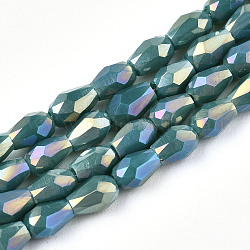 Galvanisieren Glasperlen, ab Farbe plattiert, facettierten Tropfen, blaugrün, 4x3 mm, Bohrung: 0.7 mm, ca. 98~99 Stk. / Strang, 16.54~16.92 Zoll (42~43 cm)